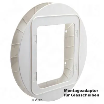 Hvid montageadapter i plastik til glasskiver. Synlig tekst: Montageadapter für Glasscheiben.