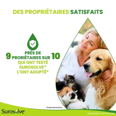 Près de 9 propriétaires sur 10 qui ont testé Surosolve™ l'ont adopté. Des propriétaires satisfaits. Surosolve™. *Étude interne Elanco.
