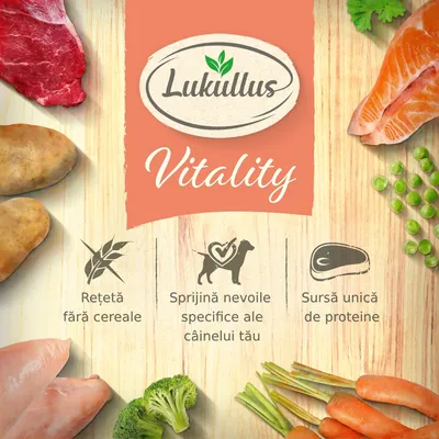 Lukullus Vitality. Rețetă fără cereale. Sprijină nevoile specifice ale câinelui tău. Sursă unică de proteine. Imagine cu carne, pește, cartofi, mazăre, morcovi, broccoli.