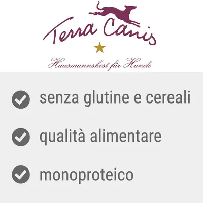 Terra Canis. senza glutine e cereali, qualità alimentare, monoproteico. Testo tedesco: Hausmannskost für Hunde.