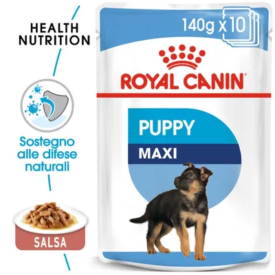 Royal Canin Puppy Maxi 140g x10, sostegno alle difese naturali, salsa. Immagine di un cucciolo e crocchette in salsa sulla confezione.