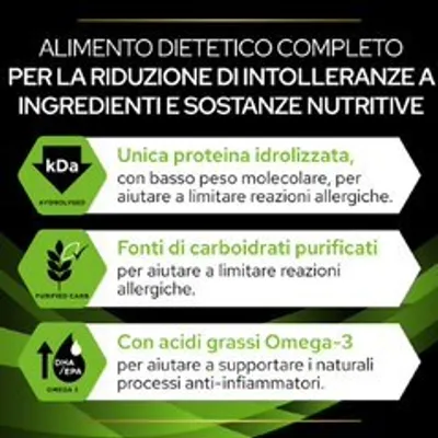 Alimento dietetico completo per la riduzione di intolleranze: unica proteina idrolizzata, fonti di carboidrati purificati, con acidi grassi Omega-3. Testo in italiano.