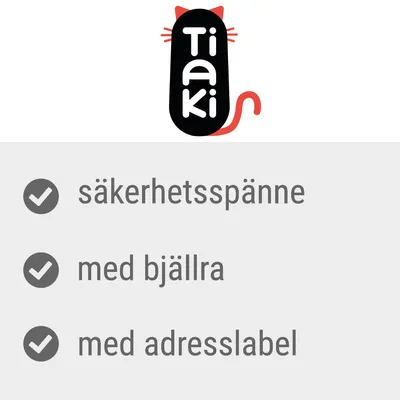 Tiaki. säkerhetsspänne, med bjällra, med adresslabel
