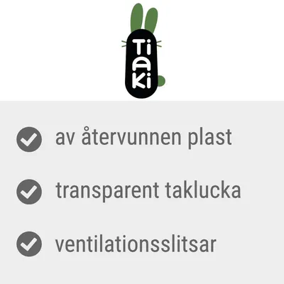 Tiaki. av återvunnen plast, transparent taklucka, ventilationsslitsar