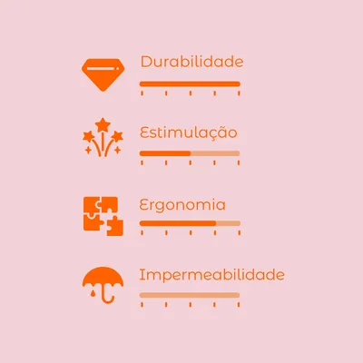 Escala de avaliação com 4 critérios: durabilidade, estimulação, ergonomia e impermeabilidade. Cada critério apresenta uma barra de nível visível.