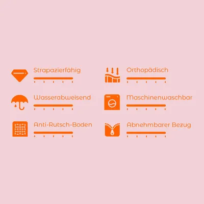 Produktmerkmale: Strapazierfähig, Wasserabweisend, Anti-Rutsch-Boden, Orthopädisch, Maschinenwaschbar, Abnehmbarer Bezug.
