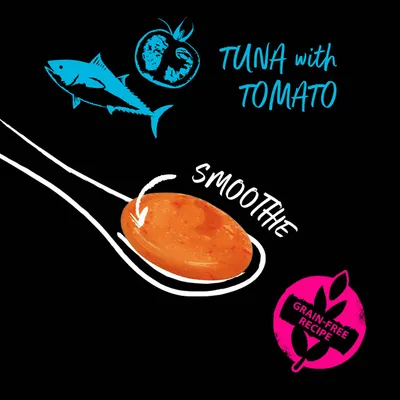 Tuna with tomato, smooth texture. Grain-free recipe highlighted.