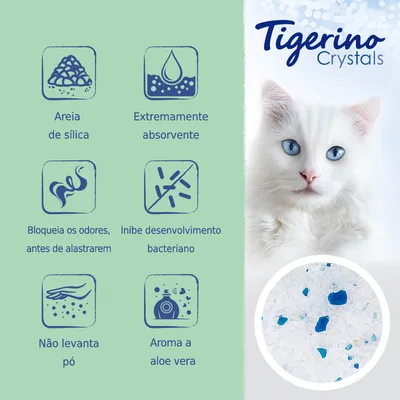 Tigerino Crystals. Areia de sílica, extremamente absorvente, bloqueia os odores antes de alastrarem, inibe desenvolvimento bacteriano, não levanta pó, aroma a aloe vera.