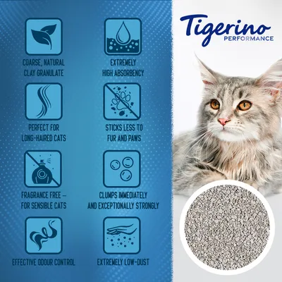 Tigerino Performance. Coarse, natural clay granulate. Extremely high absorbency. Perfect for long-haired cats. Sticks less to fur and paws. Fragrance free. Clumps immediately. Effective odour control. Extremely low-dust. Tekst in het Engels.