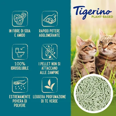 Tigerino Plant-Based. In fibre di soia e amido, rapido potere agglomerante, 100% idrosolubile, i pellet non si attaccano alle zampine, povera di polvere, profumazione tè verde.