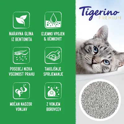 Tigerino Premium. Naravna glina iz bentonita, izjemno vpojen & učinkovit, posebej nizka vsebnost prahu, takojšnje sprijemanje, močan nadzor vonjav, z vonjem borovcev.