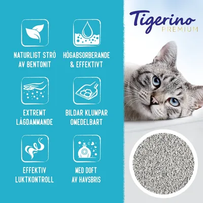 Tigerino Premium. Naturligt strö av bentonit, högabsorberande & effektivt, extremt lågdammande, bildar klumpar omedelbart, effektiv luktkontroll, med doft av havsbris.