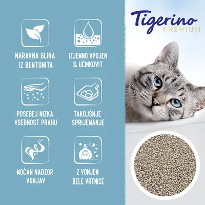 Tigerino Premium. Naravna glina iz bentonita, izjemno vpojen in učinkovit, posebej nizka vsebnost prahu, takojšnje sprijemanje, močan nadzor vonjav, z vonjem bele vrtnice.