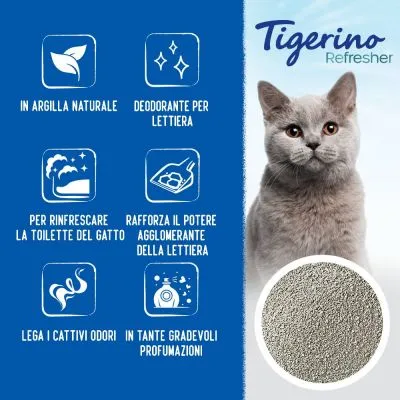 Tigerino Refresher, in argilla naturale, deodorante per lettiera, per rinfrescare la toilette del gatto, rafforza il potere agglomerante, lega i cattivi odori, in tante gradevoli profumazioni.