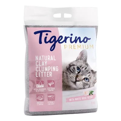 Tigerino Premium натурална бентонитова слепваща постелка, ултра абсорбираща, бърз контрол на миризмата, моментално слепване, изключително ниско съдържание на прах, с аромат на бяла роза, 12 кг.