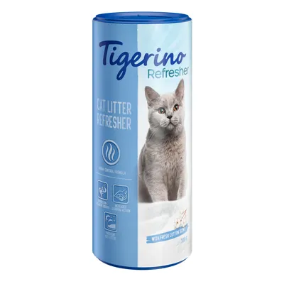 Συσκευασία Tigerino Refresher Cat Litter Refresher, γάτα, εικονίδια με ιδιότητες, αγγλικό κείμενο: with fresh cotton scent, 700 g