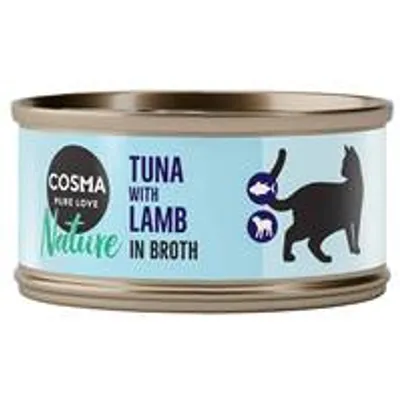 Cosma Nature macskaeledel konzerv, felirat: Tuna with Lamb in Broth, fekete macska sziluett, hal és bárány ikonok láthatók a címkén.