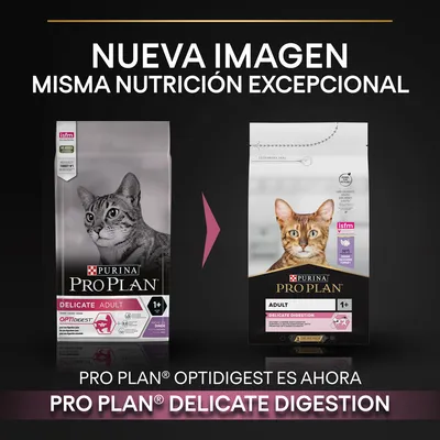 Comparativa de envases: Purina Pro Plan Delicate Adult Optidigest y nuevo diseño Pro Plan Delicate Digestion Adult 1+. Texto: 'Nueva imagen, misma nutrición excepcional'.