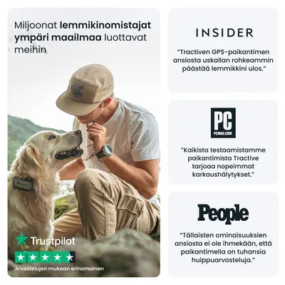 Miljoonat lemmikinomistajat ympäri maailmaa luottavat meihin. Trustpilot: Arvostelujen mukaan erinomainen. INSIDER, PCMAG.COM ja People suosittelevat Tractive GPS-paikanninta.