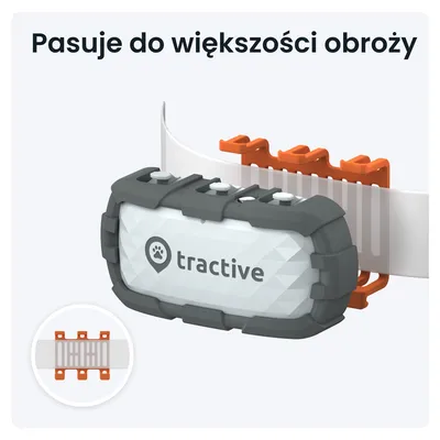 Urządzenie tractive zamocowane na obroży za pomocą pomarańczowego uchwytu. Widoczny napis: Pasuje do większości obroży.