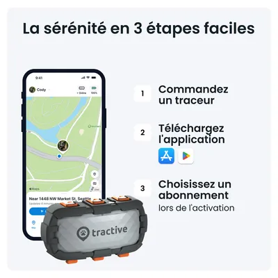 La sérénité en 3 étapes faciles : 1. Commandez un traceur, 2. Téléchargez l’application, 3. Choisissez un abonnement lors de l’activation. Marque visible : tractive.