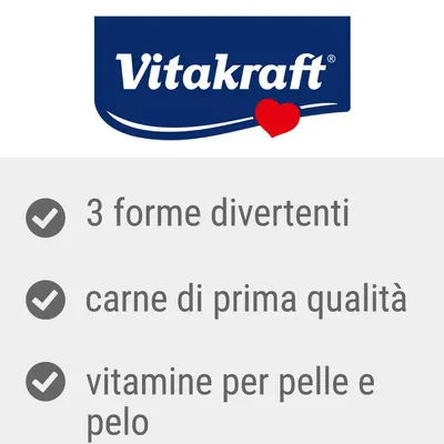 Vitakraft. 3 forme divertenti, carne di prima qualità, vitamine per pelle e pelo.