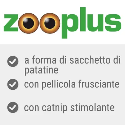 zooplus. a forma di sacchetto di patatine, con pellicola frusciante, con catnip stimolante