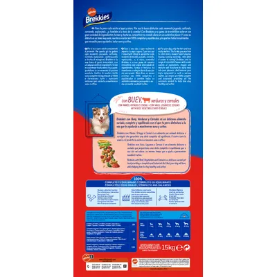 Dos de l’emballage Brekkies avec tableau d’alimentation par poids du chien, analyse nutritionnelle : protéines 23 %, matières grasses 10 %, fibres 3 %, instructions en plusieurs langues, 15 kg.