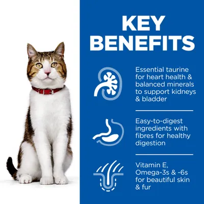 Key benefits: essential taurine for heart health and balanced minerals for kidneys and bladder, easy-to-digest ingredients with fibres, vitamin E and omegas for skin and fur.