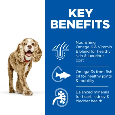 Key benefits: Omega-6 and Vitamin E for healthy skin and coat, Omega-3s from fish oil for joints and mobility, balanced minerals for heart, kidney and bladder health.