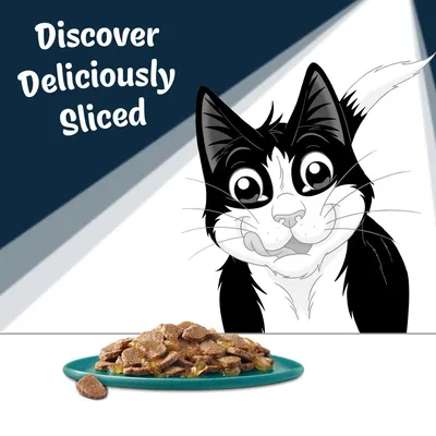 Sliced pet food pieces served on a plate with the text 'Discover Deliciously Sliced' above and a cartoon animal illustration in the background.