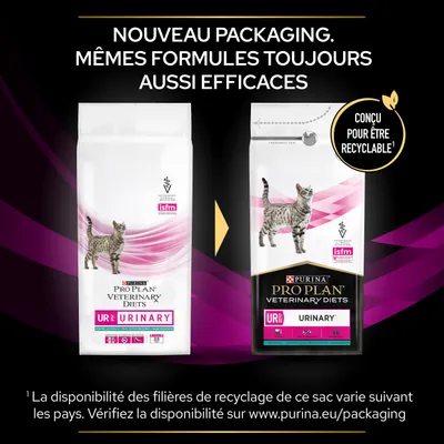 Comparaison de l’ancien et du nouveau sac Purina Pro Plan Veterinary Diets UR Urinary pour chat, mention « Conçu pour être recyclable », texte en haut : Nouveau packaging. Même formule.