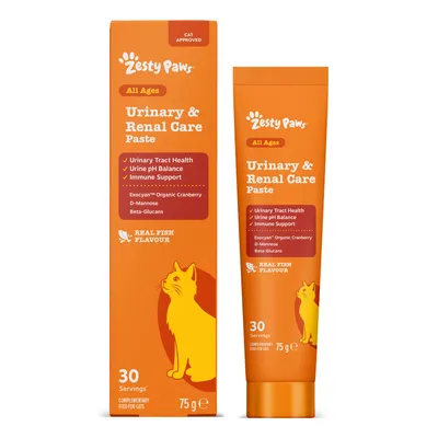 Zesty Paws Urinary & Renal Care Paste, 75 g, til alle aldre. Med Exocyan Bio-Cranberry, D-Mannose, beta-glucaner, 30 portioner, smag: ægte fisk.