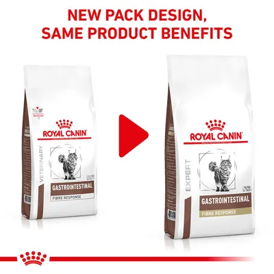 Image shows Royal Canin Gastrointestinal Fibre Response with new pack design and the message: New pack design, same product benefits.