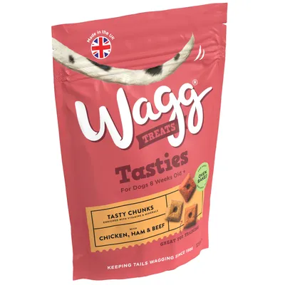 Wagg Treats Tasties, oven baked tasty chunks with chicken, ham and beef, enriched with vitamins and minerals, for dogs 8 weeks old and above, great for training.
