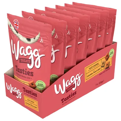Wagg Tasties treats, oven baked, chicken, ham and beef flavour, for dogs 8 weeks old and over. Pack contains 7 x 125g pouches. Tasty chunks and bones, great for training.