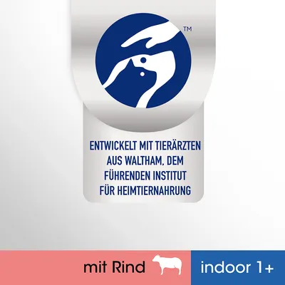 ENTWICKELT MIT TIERÄRZTEN AUS WALTHAM, DEM FÜHRENDEN INSTITUT FÜR HEIMTIERNNAHRUNG. mit Rind. indoor 1+ (Duitse tekst zichtbaar op afbeelding).