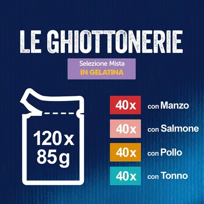 Le Ghiottonerie Selezione Mista in Gelatina, 120 bustine da 85 g: 40 con manzo, 40 con salmone, 40 con pollo, 40 con tonno.