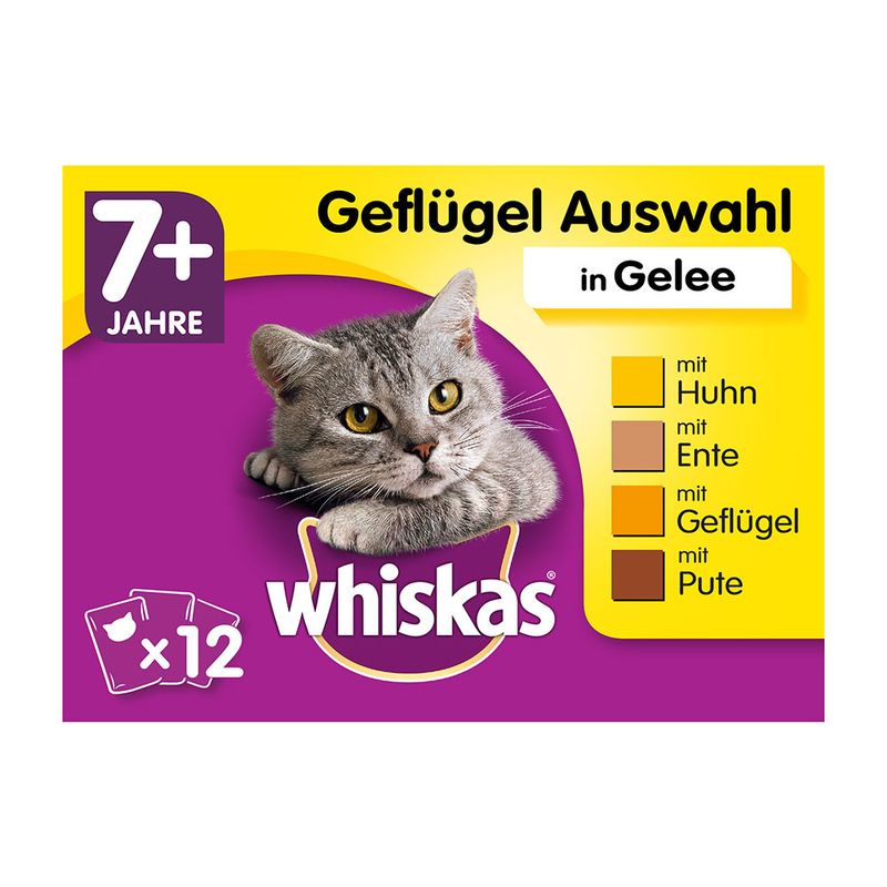 Συσκευασία Whiskas 7+ Jahre Geflügel Auswahl in Gelee, 12 τεμάχια. mit Huhn, mit Ente, mit Geflügel, mit Pute. Εικόνα γάτας στο κέντρο.