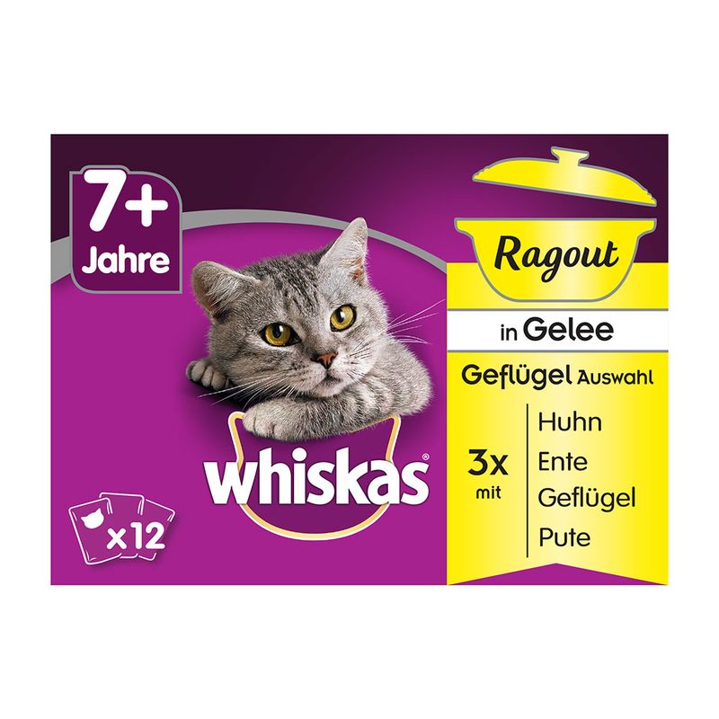 Συσκευασία Whiskas Ragout in Gelee για γάτες 7+ ετών, επιλογή πουλερικών: 3x κοτόπουλο, πάπια, πουλερικά, γαλοπούλα. Περιέχει 12 φακελάκια.