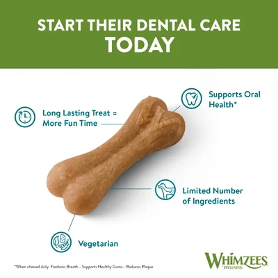 Dental care treat with features: long lasting for more fun, supports oral health, vegetarian, limited number of ingredients. Whimzees Wellness branding shown.