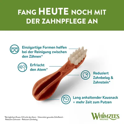 Whimzees Wellness Zahnpflege-Kausnack. Einzigartige Formen reinigen zwischen den Zähnen, erfrischt den Atem, reduziert Zahnbelag und Zahnstein, lang anhaltender Kausnack für mehr Zeit zum Putzen.