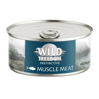 Wild Freedom Instinctive Muscle Meat, Dose mit blauem Etikett und Fischsymbol.