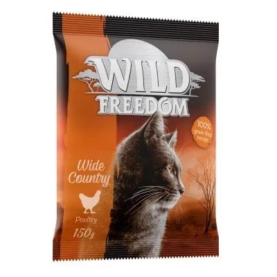Confezione Wild Freedom Wide Country, ricetta 100% grain-free, pollo, 150 g. Immagine di un gatto sul fronte della confezione.