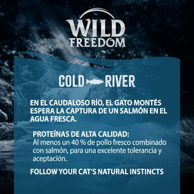 Wild Freedom Cold River. Proteínas de alta calidad: al menos un 40 % de pollo fresco combinado con salmón, para una excelente tolerancia y aceptación. Follow your cat’s natural instincts.