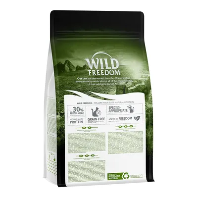 Balení krmiva Wild Freedom, viditelný text: 30% fresh meat, high-quality protein, grain-free recipe, species-appropriate, a taste of freedom, recyclable material.