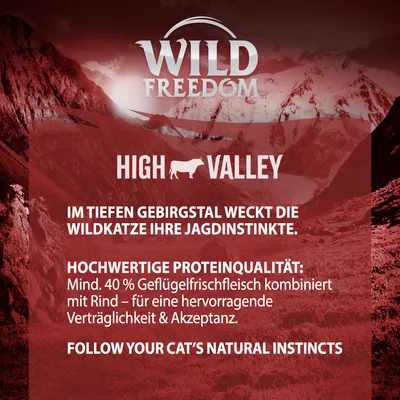 Wild Freedom High Valley. Mind. 40 % Geflügelfrischfleisch kombiniert mit Rind für hervorragende Verträglichkeit und Akzeptanz. Im Gebirgstal weckt die Wildkatze ihre Jagdinstinkte.