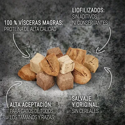 100 % vísceras magras: proteína de alta calidad. Liofilizados: sin aditivos ni conservantes. Alta aceptación: para gatos de todos los tamaños y razas. Salvaje y original: sin cereales.