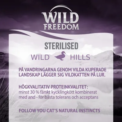 Wild Freedom STERILISED WILD HILLS. Högkvalitativ proteinkvalitet: minst 30 % färskt kycklingkött kombinerat med andra för bästa tolerans och acceptans.