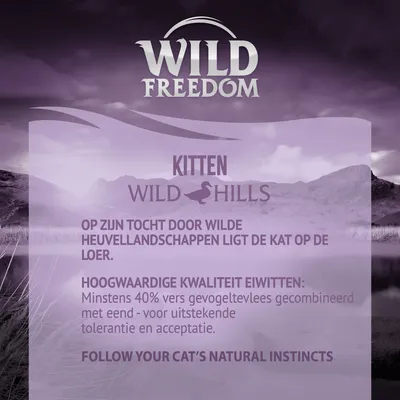 Wild Freedom Kitten Wild Hills. Minstens 40% vers gevogelte gecombineerd met eend, hoogwaardige kwaliteit eiwitten. Voor uitstekende tolerantie en acceptatie.